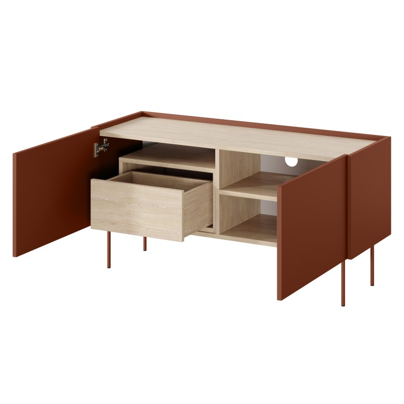 Szafka RTV Desin 120 cm z ukrytą szufladą - ceramic red / dąb nagano Szafka RTV Desin 120 cm z ukrytą szufladą - ceramic red / dąb nagano
