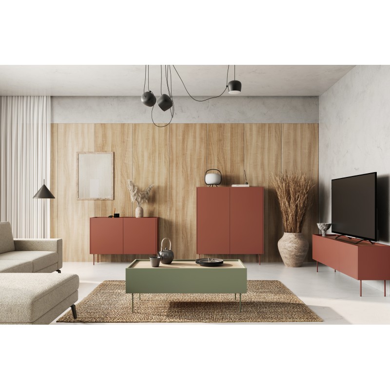 Szafka RTV Desin 170 cm z ukrytą szufladą i metalowymi nogami - czerwony / ceramic red / dąb nagano