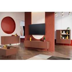 Szafka RTV Desin 170 cm z ukrytą szufladą i metalowymi nogami - czerwony / ceramic red / dąb nagano