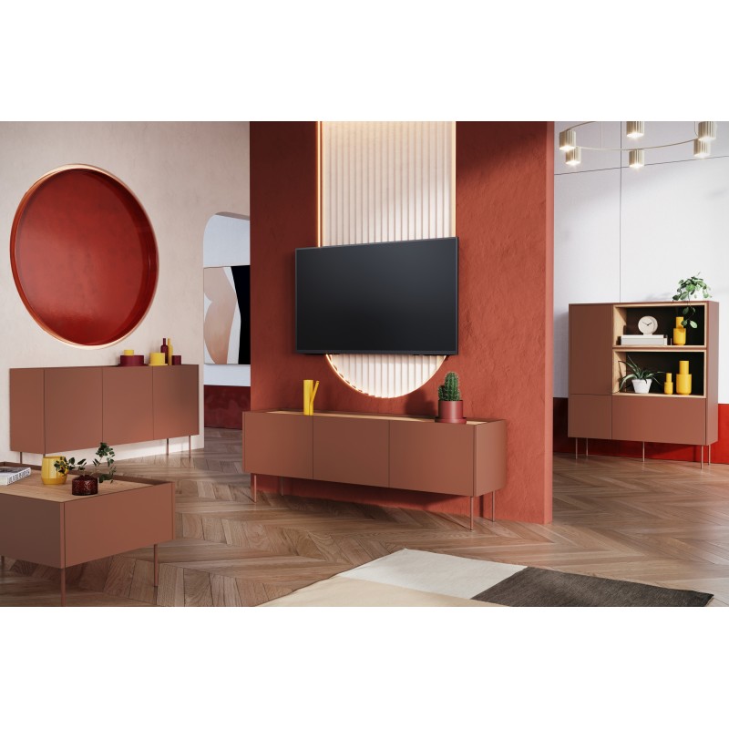 Szafka RTV Desin 170 cm z ukrytą szufladą i metalowymi nogami - czerwony / ceramic red / dąb nagano