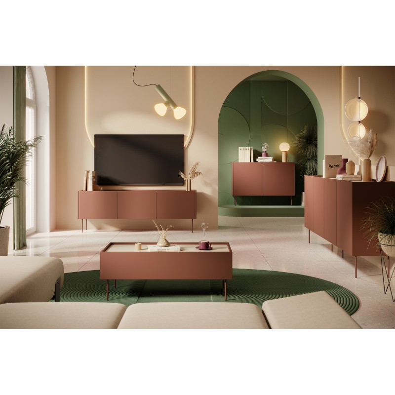 Szafka RTV Desin 170 cm z ukrytą szufladą i metalowymi nogami - czerwony / ceramic red / dąb nagano