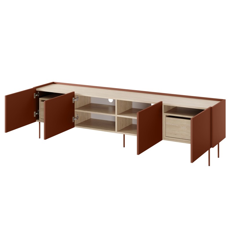Szafka RTV Desin 220 cm z 2 ukrytymi szufladami - czerwony / ceramic red / dąb nagano Szafka RTV Desin 220 cm z 2 ukrytymi szufladami - czerwony / ceramic red / dąb nagano