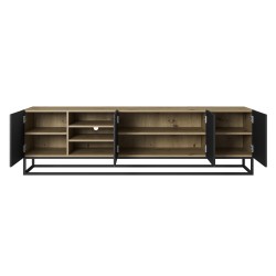Szafka RTV Asha 200 cm ryflowana z wnęką i metalowym stelażem - artisan / czarny mat Szafka RTV Asha 200 cm ryflowana z wnęką i metalowym stelażem - artisan / czarny mat