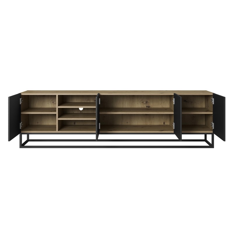 Szafka RTV Asha 200 cm ryflowana z wnęką i metalowym stelażem - artisan / czarny mat Szafka RTV Asha 200 cm ryflowana z wnęką i metalowym stelażem - artisan / czarny mat
