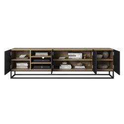 Szafka RTV Asha 200 cm ryflowana z wnęką i metalowym stelażem - artisan / czarny mat Szafka RTV Asha 200 cm ryflowana z wnęką i metalowym stelażem - artisan / czarny mat