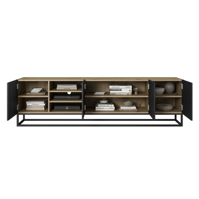 Szafka RTV Asha 200 cm ryflowana z wnęką i metalowym stelażem - artisan / czarny mat Szafka RTV Asha 200 cm ryflowana z wnęką i metalowym stelażem - artisan / czarny mat