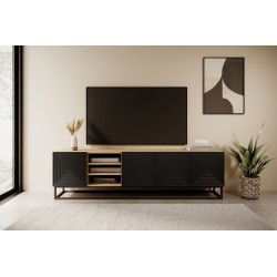 Szafka RTV Asha 200 cm ryflowana z wnęką i metalowym stelażem - artisan / czarny mat Szafka RTV Asha 200 cm ryflowana z wnęką i metalowym stelażem - artisan / czarny mat