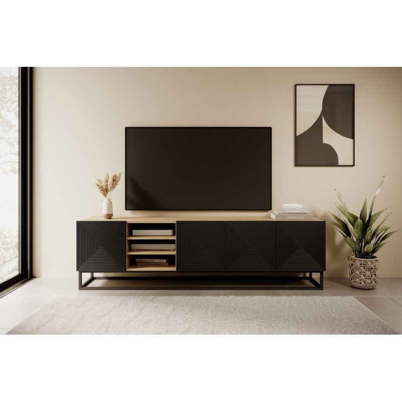Szafka RTV Asha 200 cm ryflowana z wnęką i metalowym stelażem - artisan / czarny mat Szafka RTV Asha 200 cm ryflowana z wnęką i metalowym stelażem - artisan / czarny mat