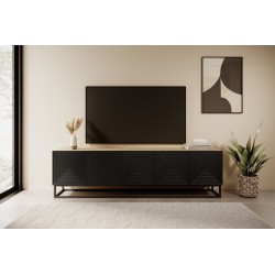 Szafka RTV Asha 200 cm z ryflowanym frontem i metalowym, czarnym stelażem - artisan / czarny mat Szafka RTV Asha 200 cm z ryflowanym frontem i metalowym, czarnym stelażem - artisan / czarny mat