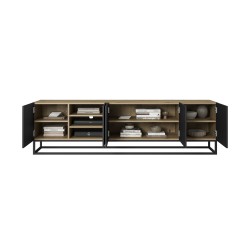 Szafka RTV Asha 200 cm z ryflowanym frontem i metalowym, czarnym stelażem - artisan / czarny mat Szafka RTV Asha 200 cm z ryflowanym frontem i metalowym, czarnym stelażem - artisan / czarny mat
