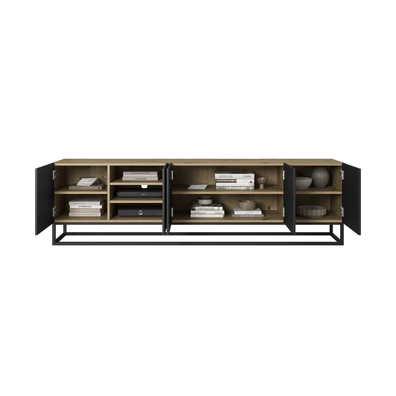Szafka RTV Asha 200 cm z ryflowanym frontem i metalowym, czarnym stelażem - artisan / czarny mat Szafka RTV Asha 200 cm z ryflowanym frontem i metalowym, czarnym stelażem - artisan / czarny mat
