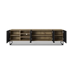 Szafka RTV Asha 200 cm z ryflowanym frontem i metalowym, czarnym stelażem - artisan / czarny mat Szafka RTV Asha 200 cm z ryflowanym frontem i metalowym, czarnym stelażem - artisan / czarny mat