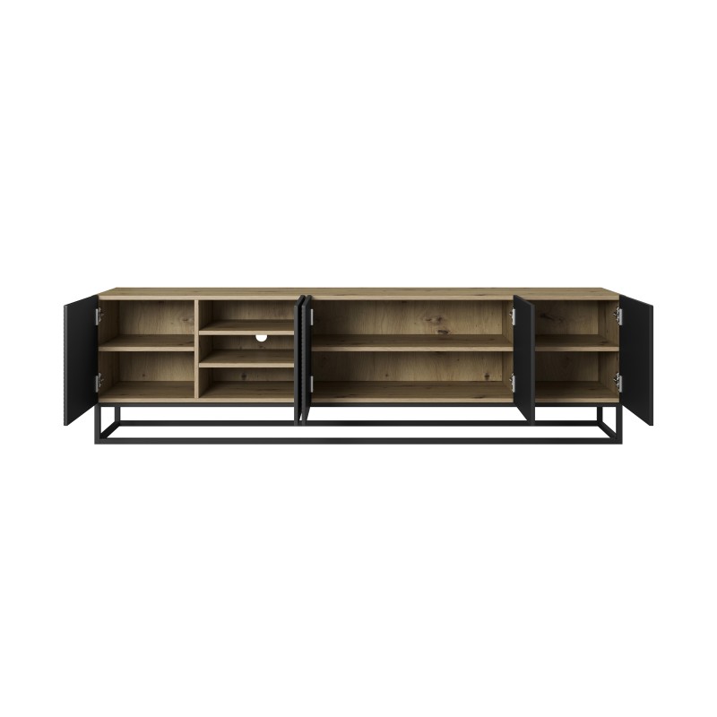 Szafka RTV Asha 200 cm z ryflowanym frontem i metalowym, czarnym stelażem - artisan / czarny mat Szafka RTV Asha 200 cm z ryflowanym frontem i metalowym, czarnym stelażem - artisan / czarny mat