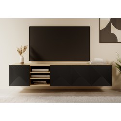 Szafka RTV wisząca Asha 200 cm z ryflowanym frontem i wnęką - artisan / czarny mat Szafka RTV wisząca Asha 200 cm z ryflowanym frontem i wnęką - artisan / czarny mat