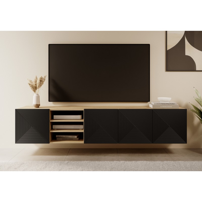 Szafka RTV wisząca Asha 200 cm z ryflowanym frontem i wnęką - artisan / czarny mat Szafka RTV wisząca Asha 200 cm z ryflowanym frontem i wnęką - artisan / czarny mat