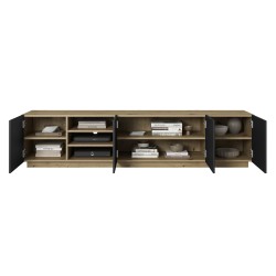 Szafka RTV Asha 200 cm z ryflowanym frontem i wnęką - artisan / czarny mat Szafka RTV Asha 200 cm z ryflowanym frontem i wnęką - artisan / czarny mat