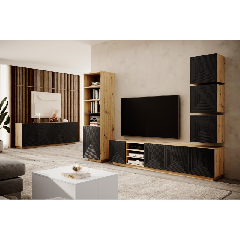 Szafka RTV Asha 200 cm z ryflowanym frontem i wnęką - artisan / czarny mat Szafka RTV Asha 200 cm z ryflowanym frontem i wnęką - artisan / czarny mat