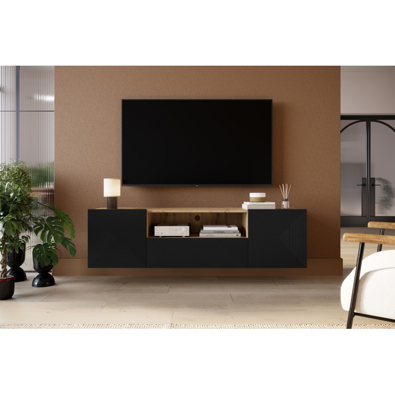 Szafka RTV Asha 167 cm wisząca z szufladą i wnęką - artisan / czarny mat Szafka RTV Asha 167 cm wisząca z szufladą i wnęką - artisan / czarny mat