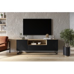 Szafka RTV Asha 167 cm z szufladą i metalowym stelażem - artisan / czarny mat Szafka RTV Asha 167 cm z szufladą i metalowym stelażem - artisan / czarny mat