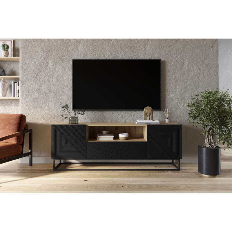 Szafka RTV Asha 167 cm z szufladą i metalowym stelażem - artisan / czarny mat Szafka RTV Asha 167 cm z szufladą i metalowym stelażem - artisan / czarny mat