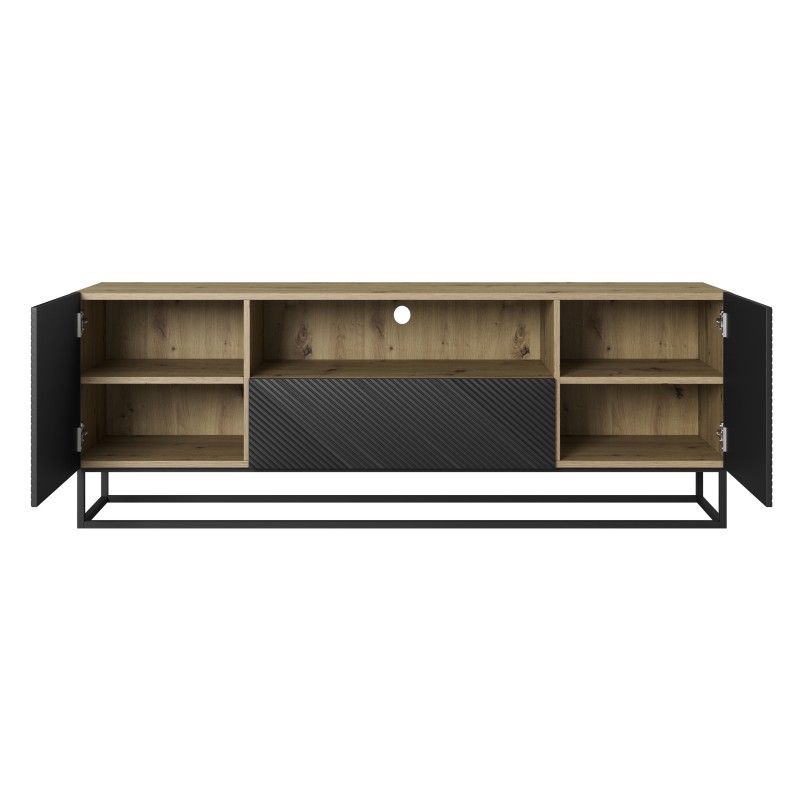 Szafka RTV Asha 167 cm z szufladą i metalowym stelażem - artisan / czarny mat Szafka RTV Asha 167 cm z szufladą i metalowym stelażem - artisan / czarny mat