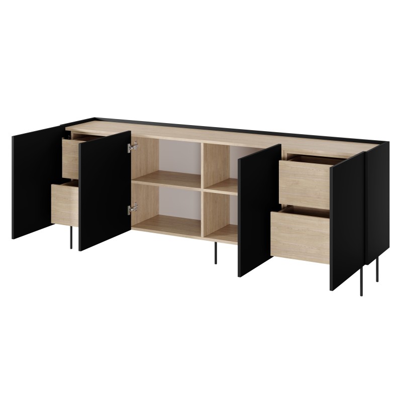 Komoda Desin z 4 ukrytymi szufladami 220 cm - czarny mat / dąb nagano Komoda Desin z 4 ukrytymi szufladami 220 cm - czarny mat / dąb nagano