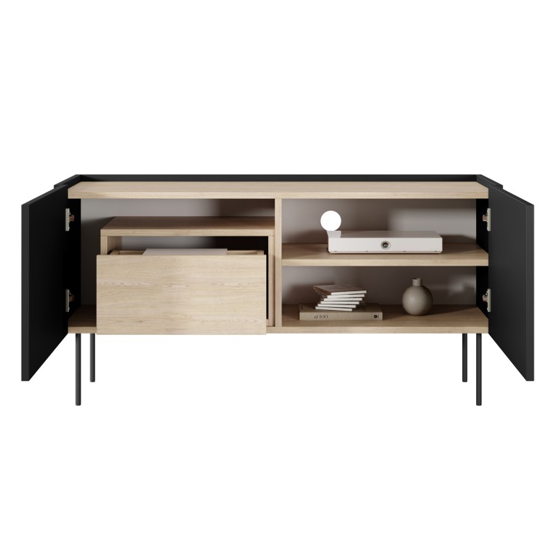 Szafka RTV Desin 120 cm z ukrytą szufladą i metalowymi nogami - czarny mat / dąb nagano Szafka RTV Desin 120 cm z ukrytą szufladą i metalowymi nogami - czarny mat / dąb nagano