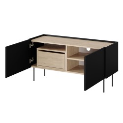 Szafka RTV Desin 120 cm z ukrytą szufladą i metalowymi nogami - czarny mat / dąb nagano Szafka RTV Desin 120 cm z ukrytą szufladą i metalowymi nogami - czarny mat / dąb nagano