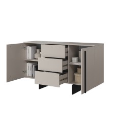 Komoda Larena 150 cm z szufladami - kaszmir / czarne nóżki - Końcówka Serii Komoda Larena 150 cm z szufladami - kaszmir / czarne nóżki - Końcówka Serii