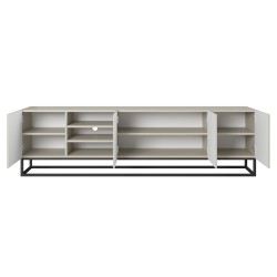 Szafka RTV Asha 200 cm ryflowana z wnęką i metalowym, czarnym stelażem - kaszmir Szafka RTV Asha 200 cm ryflowana z wnęką i metalowym, czarnym stelażem - kaszmir