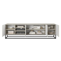 Szafka RTV Asha 200 cm ryflowana z wnęką i metalowym, czarnym stelażem - kaszmir Szafka RTV Asha 200 cm ryflowana z wnęką i metalowym, czarnym stelażem - kaszmir
