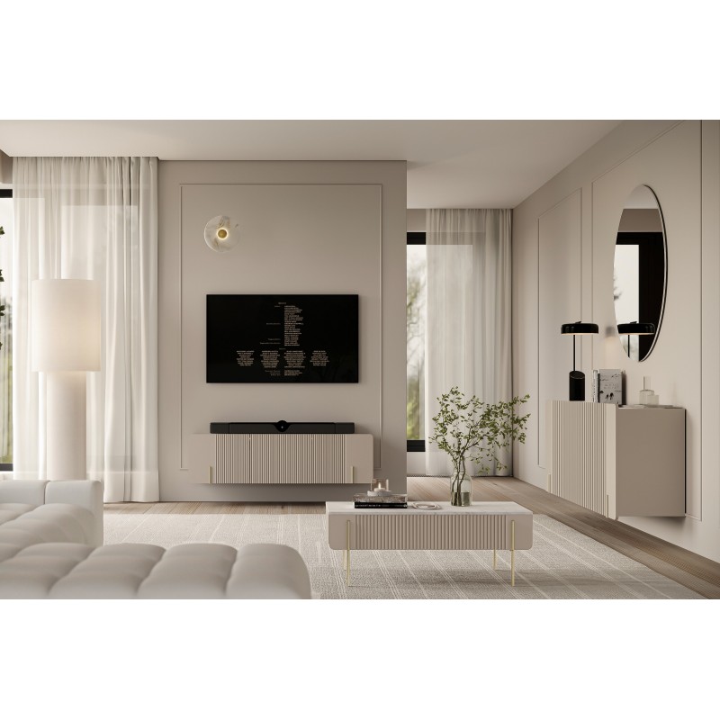 Szafka RTV Malmi 150 cm - kaszmir, crema bianca, złoty