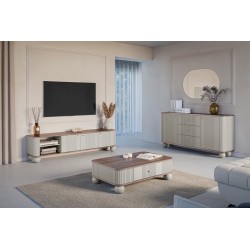 Szafka RTV Vesper 3D - kaszmir / orzech / złote uchwyty Szafka RTV Vesper 3D - kaszmir / orzech / złote uchwyty