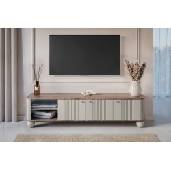 Szafka RTV Vesper 3D - kaszmir / orzech / złote uchwyty Szafka RTV Vesper 3D - kaszmir / orzech / złote uchwyty