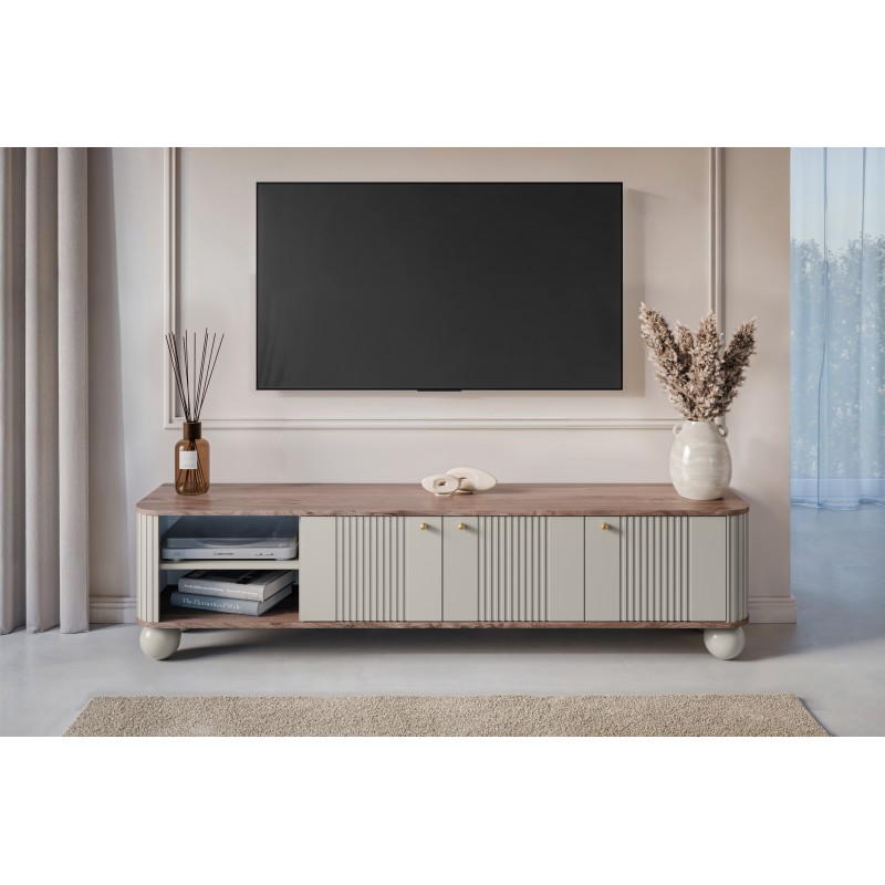 Szafka RTV Vesper 3D - kaszmir / orzech / złote uchwyty Szafka RTV Vesper 3D - kaszmir / orzech / złote uchwyty