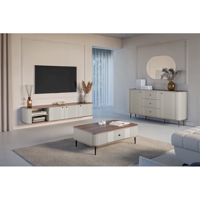 Szafka RTV wisząca Vesper 3D 187 cm - kaszmir / orzech / czarne uchwyty Szafka RTV wisząca Vesper 3D 187 cm - kaszmir / orzech / czarne uchwyty