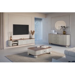 Szafka RTV wisząca Vesper 3D 187 cm - kaszmir / orzech / czarne uchwyty Szafka RTV wisząca Vesper 3D 187 cm - kaszmir / orzech / czarne uchwyty
