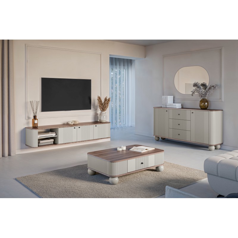 Szafka RTV wisząca Vesper 3D 187 cm - kaszmir / orzech / czarne uchwyty Szafka RTV wisząca Vesper 3D 187 cm - kaszmir / orzech / czarne uchwyty
