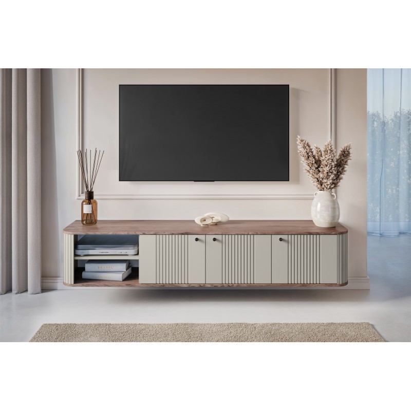 Szafka RTV wisząca Vesper 3D 187 cm - kaszmir / orzech / czarne uchwyty Szafka RTV wisząca Vesper 3D 187 cm - kaszmir / orzech / czarne uchwyty