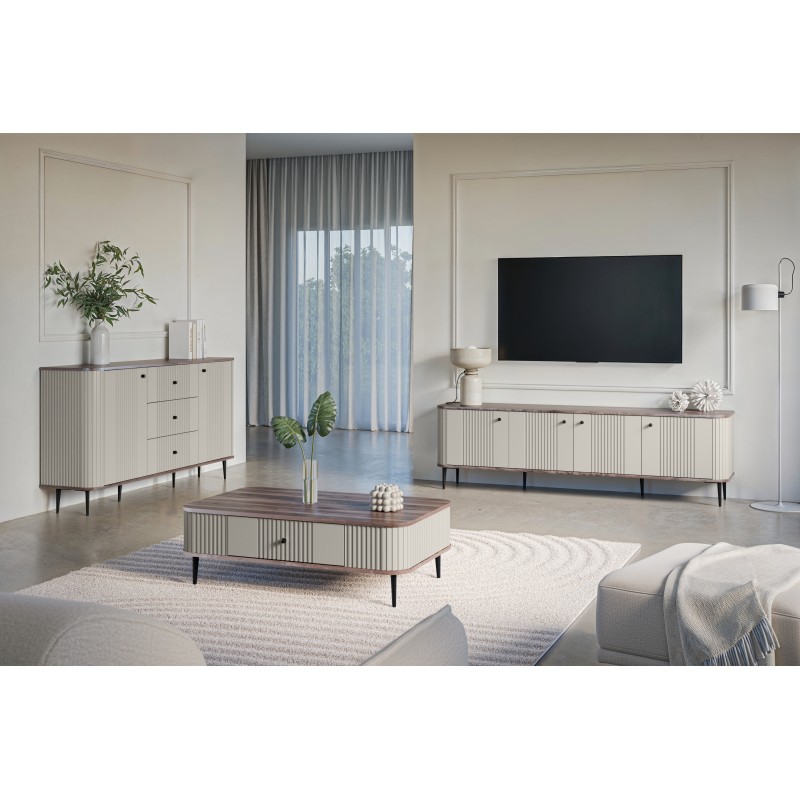 Szafka RTV Vesper 4D 187 cm - kaszmir / orzech / czarne nogi Szafka RTV Vesper 4D 187 cm - kaszmir / orzech / czarne nogi