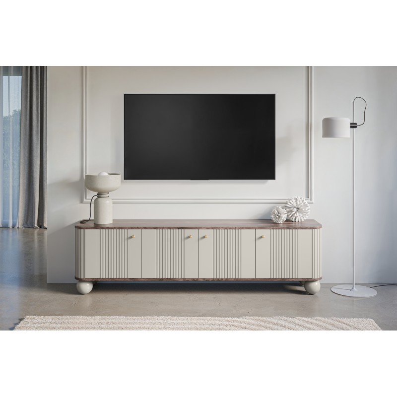 Szafka RTV Vesper 4D 187 cm - kaszmir / orzech / złote uchwyty / nogi kule Szafka RTV Vesper 4D 187 cm - kaszmir / orzech / złote uchwyty / nogi kule