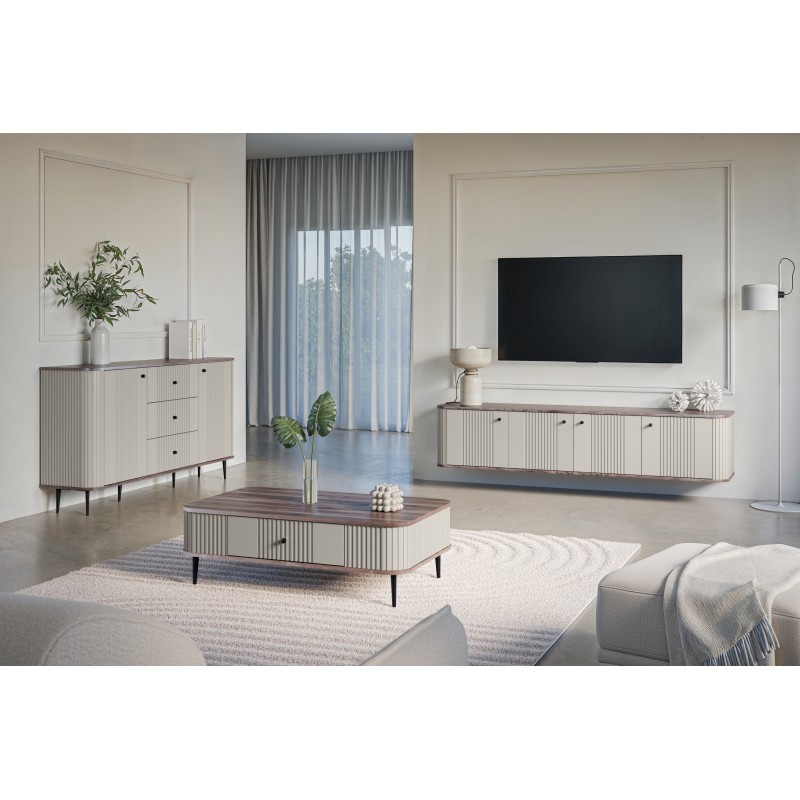 Szafka RTV wisząca Vesper 4D 187 cm - kaszmir / orzech / czarne uchwyty Szafka RTV wisząca Vesper 4D 187 cm - kaszmir / orzech / czarne uchwyty