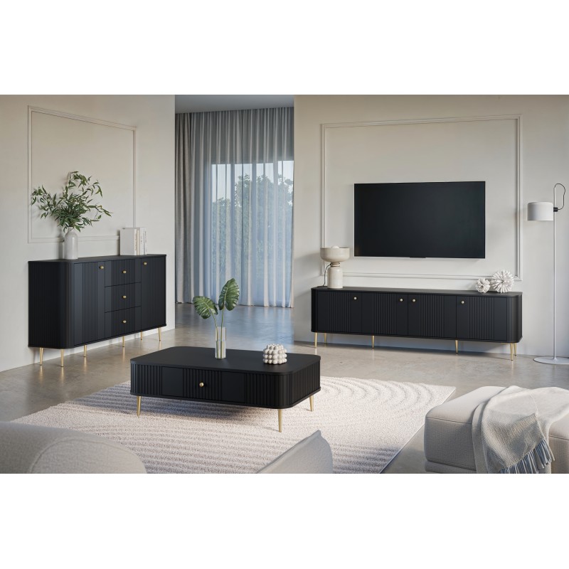 Szafka RTV Vesper 4D 187 cm - czarna z złotymi nogami Szafka RTV Vesper 4D 187 cm - czarna z złotymi nogami