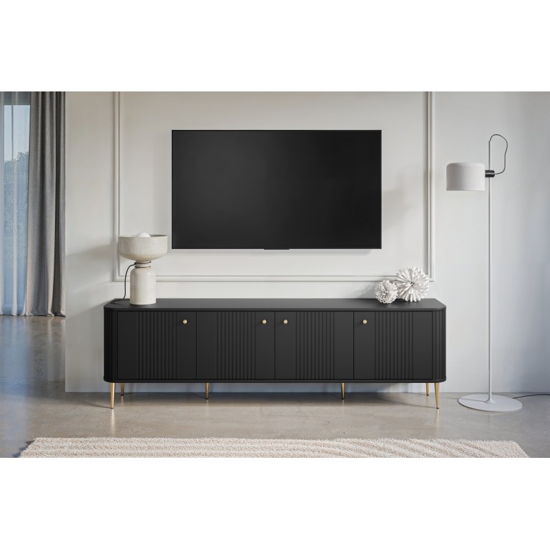 Szafka RTV Vesper 4D 187 cm - czarna z złotymi nogami Szafka RTV Vesper 4D 187 cm - czarna z złotymi nogami