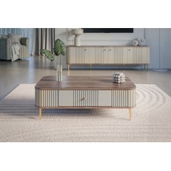 Stolik kawowy z szufladą Vesper 103x60 cm - kaszmir / orzech / złote nogi Stolik kawowy z szufladą Vesper 103x60 cm - kaszmir / orzech / złote nogi