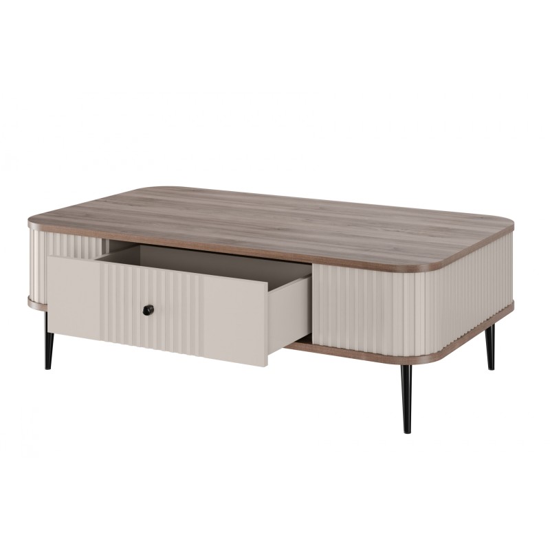 Stolik kawowy z szufladą Vesper 103x60 cm - kaszmir / orzech / czarne nogi Stolik kawowy z szufladą Vesper 103x60 cm - kaszmir / orzech / czarne nogi