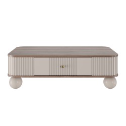 Stolik kawowy z szufladą Vesper 103x60 cm - kaszmir / orzech / złote uchwyty / nogi kule Stolik kawowy z szufladą Vesper 103x60 cm - kaszmir / orzech / złote uchwyty / nogi kule
