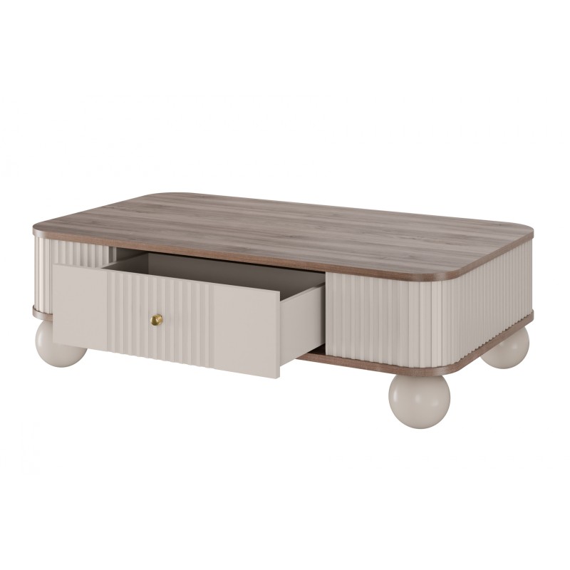 Stolik kawowy z szufladą Vesper 103x60 cm - kaszmir / orzech / złote uchwyty / nogi kule Stolik kawowy z szufladą Vesper 103x60 cm - kaszmir / orzech / złote uchwyty / nogi kule