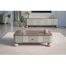 Stolik kawowy z szufladą Vesper 103x60 cm - kaszmir / orzech / czarne uchwyty / nogi kule Stolik kawowy z szufladą Vesper 103x60 cm - kaszmir / orzech / czarne uchwyty / nogi kule