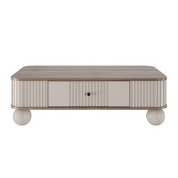 Stolik kawowy z szufladą Vesper 103x60 cm - kaszmir / orzech / czarne uchwyty / nogi kule Stolik kawowy z szufladą Vesper 103x60 cm - kaszmir / orzech / czarne uchwyty / nogi kule